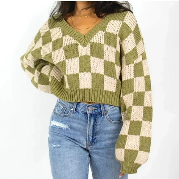 AFTER SCHEX Puff Balloon Sleeve Check Chunky V-Neck Crop Oversized Sweat… - Picture 2 of 12